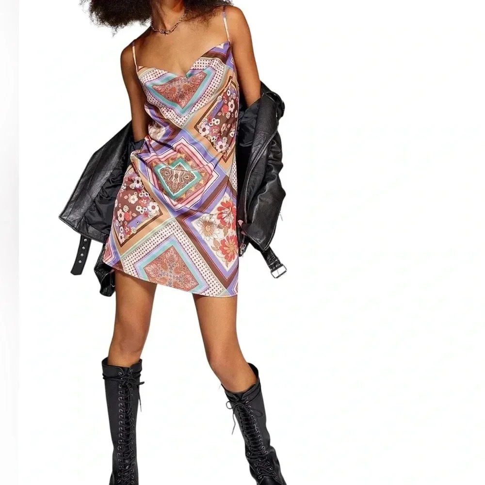 Urban Outfitters Dress Women XS‎ Y2K Floral Mallory Cowl Neck Slip Mini Colorful
